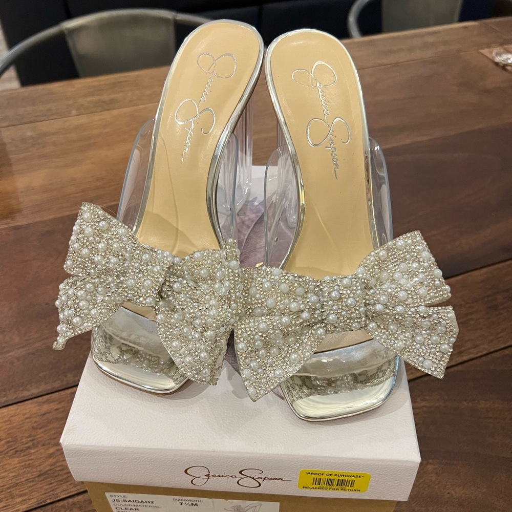 Jessica Simpson sz 7.5 Saidah2 Pearl Rhinestone Bow Clear Dress Sandals heels